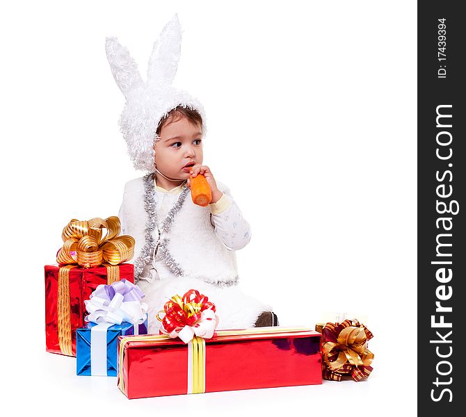 New year rabbit boy with gifts. New year rabbit boy with gifts