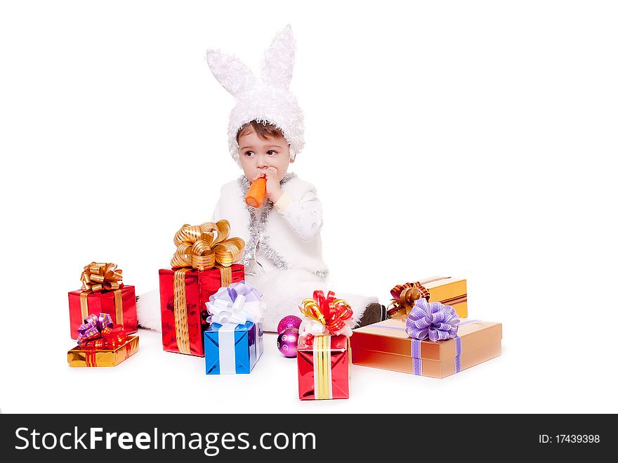 New year rabbit boy with gifts. New year rabbit boy with gifts