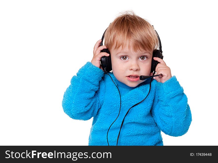 Baby with headphones, isolated on a white background. Baby with headphones, isolated on a white background.
