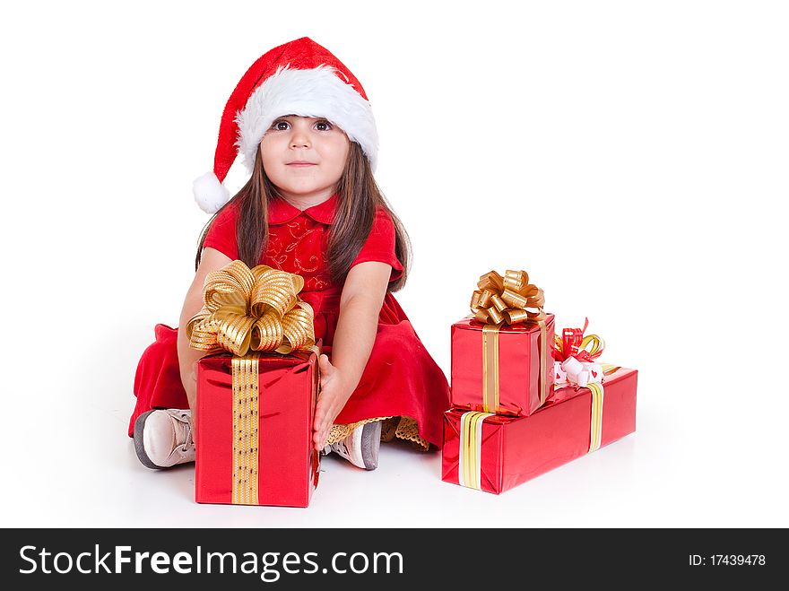 Sweet smiling girl with gift, isolated on white