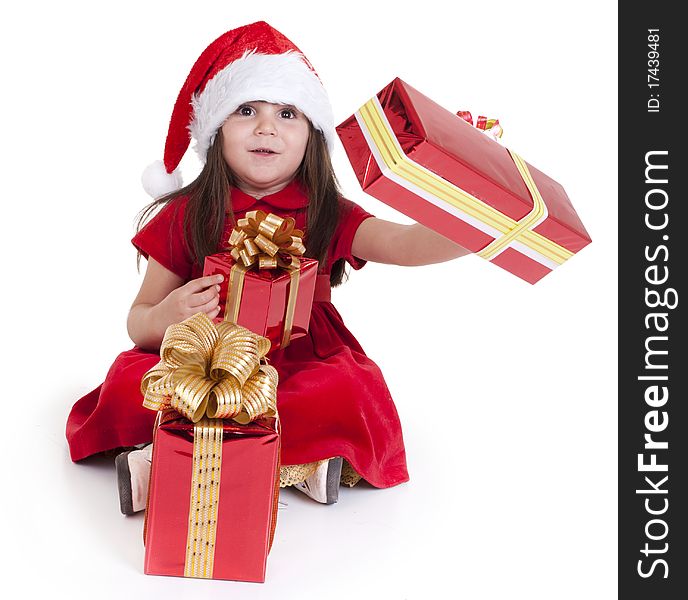 Sweet smiling girl with gift, isolated on white