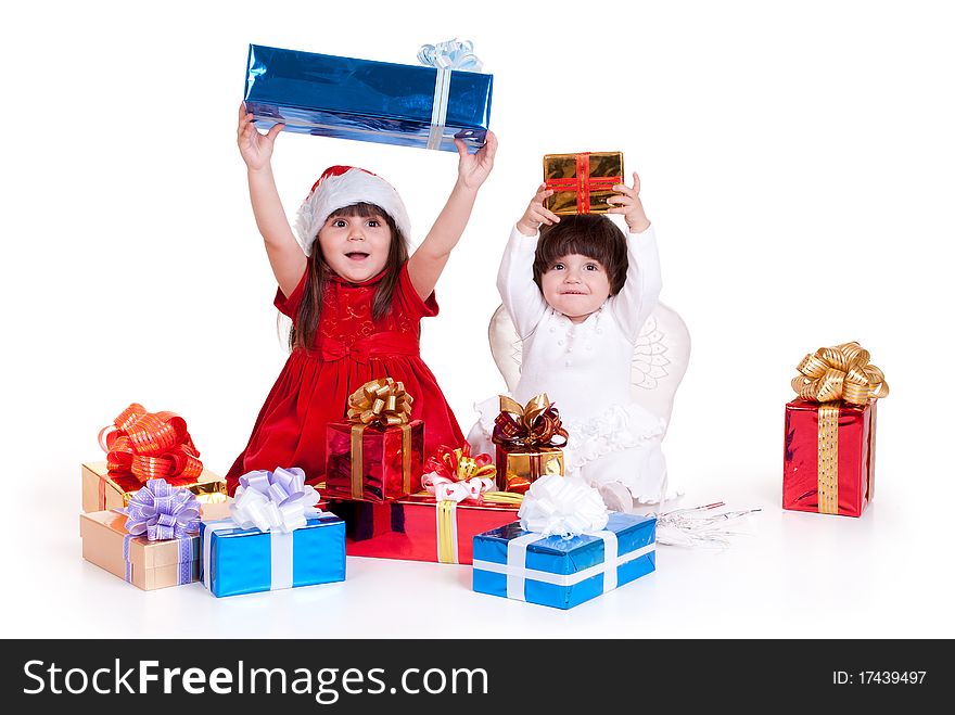 Girl in christmas costume with gift. Girl in christmas costume with gift