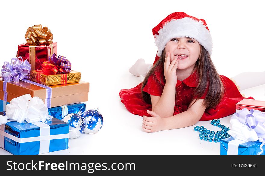 Sweet smiling girl with gift, isolated on white. Sweet smiling girl with gift, isolated on white