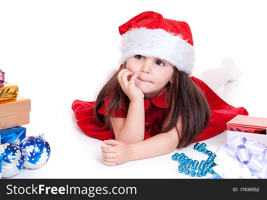 Sweet smiling girl with gift, isolated on white