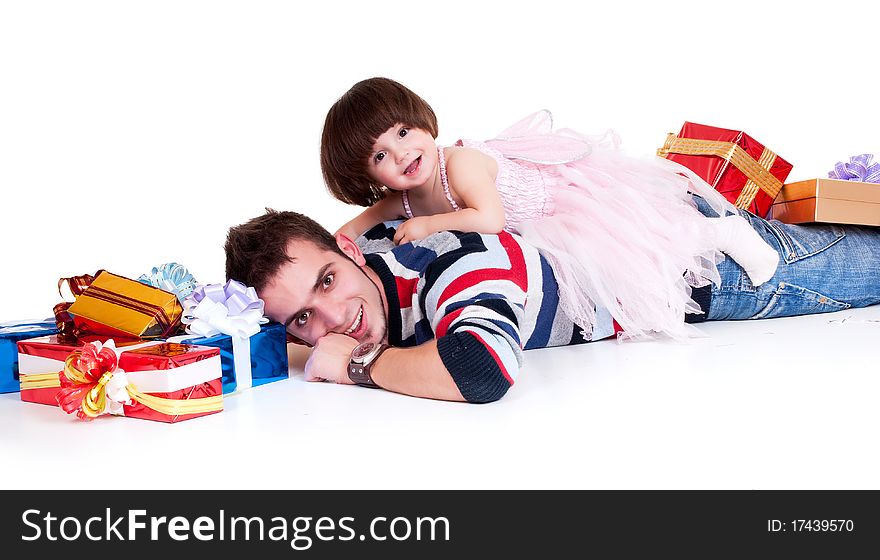Happy Father playing with daughter isolated on a white background. Happy Father playing with daughter isolated on a white background
