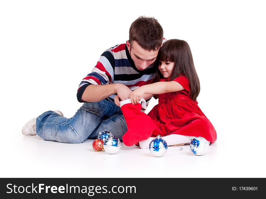 Happy Father playing with daughter isolated on a white background