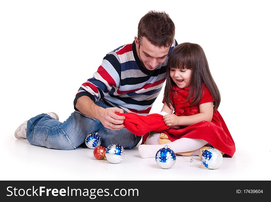 Happy Father playing with daughter isolated on a white background. Happy Father playing with daughter isolated on a white background