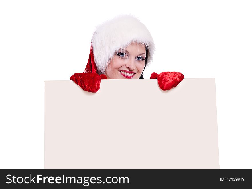 Santa girl with a blank sign. Add your text. Santa girl with a blank sign. Add your text.