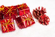 Red Gift Boxes With Pinecone Royalty Free Stock Photography Red Gift Boxes With Pinecone Royalty Free Stock Photography