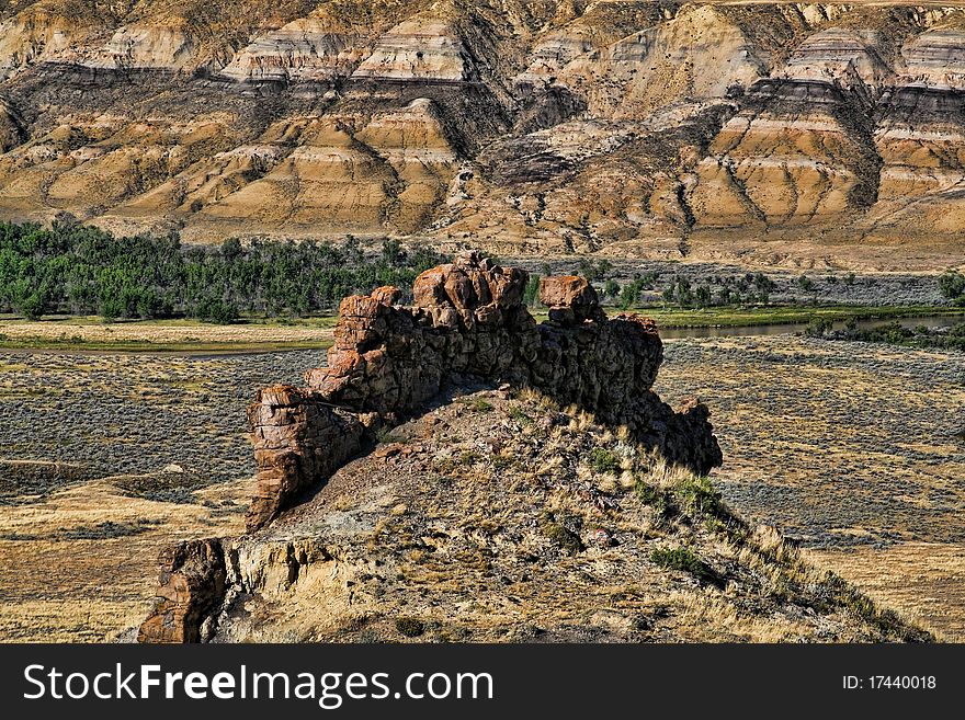 A close up of a badlands formation in the Milk river valley.