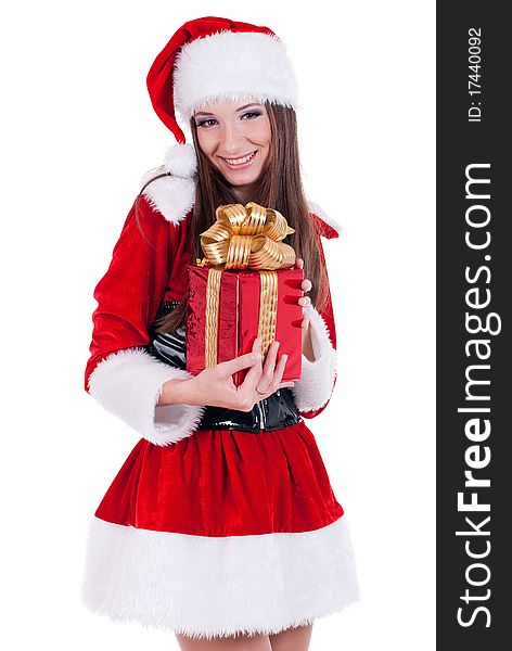 Mrs. Santa with catching a gift box. Isolated on white background. Mrs. Santa with catching a gift box. Isolated on white background