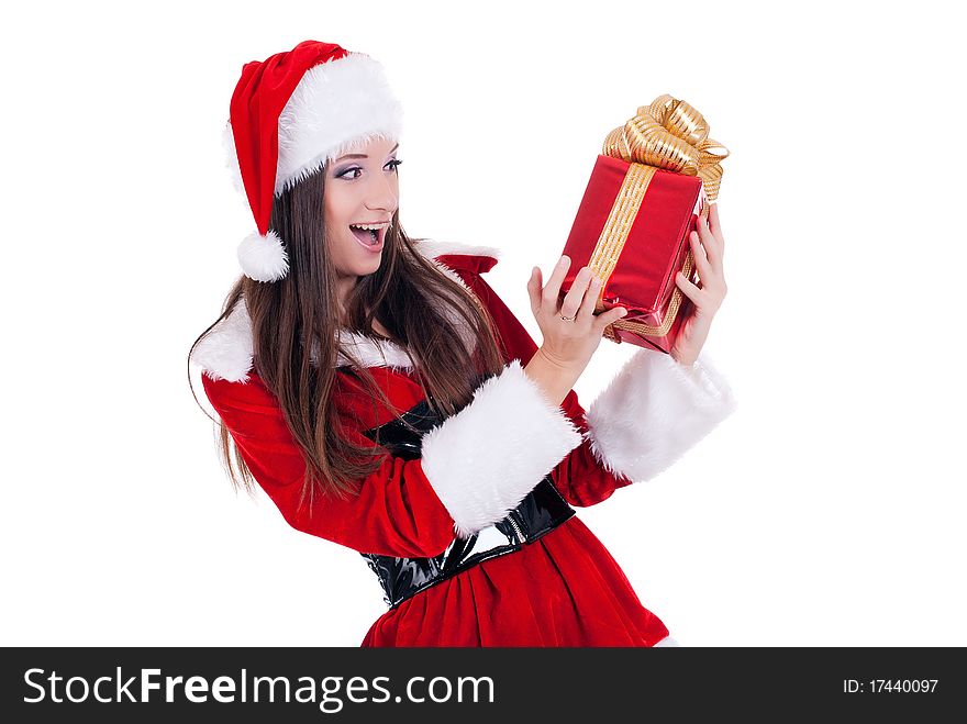 Mrs. Santa with catching a gift box. Isolated on white background. Mrs. Santa with catching a gift box. Isolated on white background