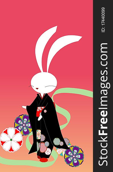 Rabbit that visits putting on kimono of Japanese tradition