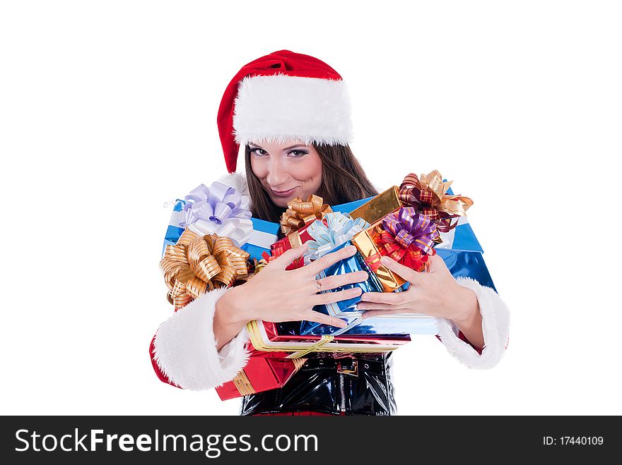 Santa Claus girl with many colorful holiday gift boxes for Christmas, isolated on white background