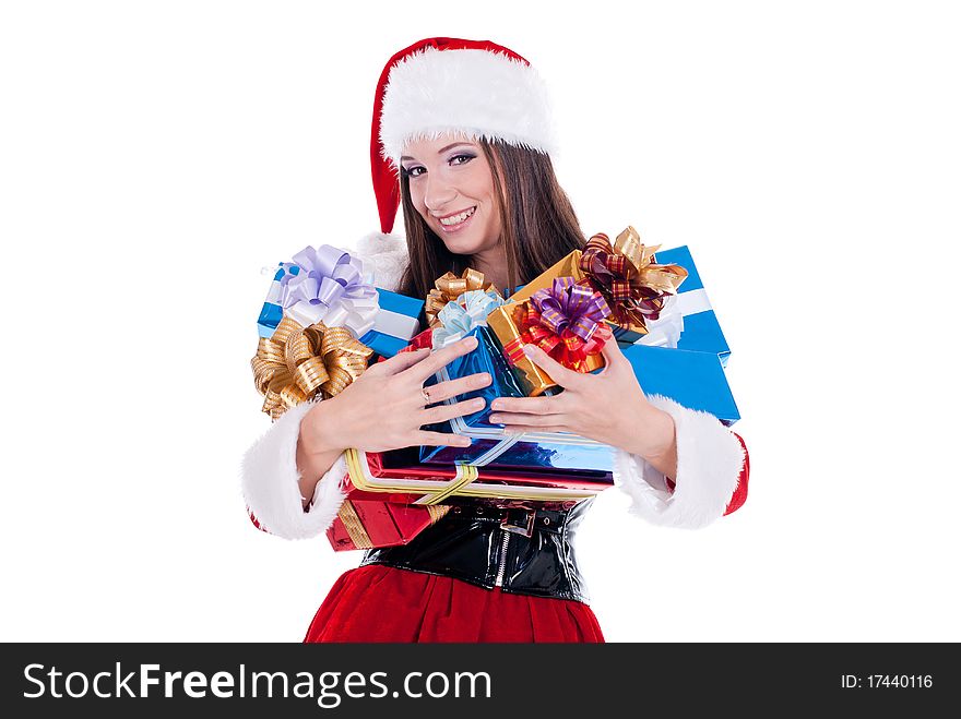 Santa Claus woman with many colorful holiday gift boxes for Christmas, isolated on white background. Santa Claus woman with many colorful holiday gift boxes for Christmas, isolated on white background
