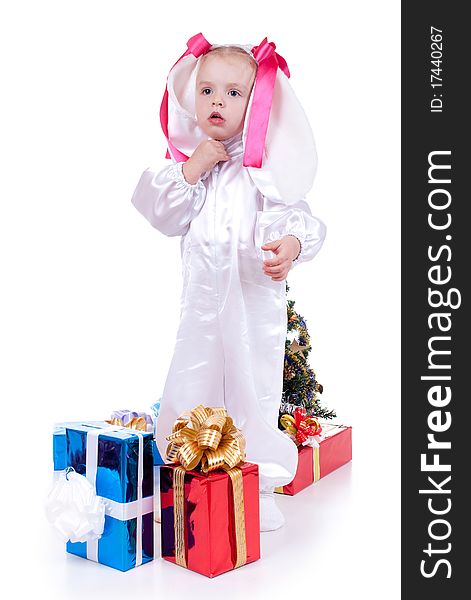 Child in a white downy bunny costume. Child in a white downy bunny costume.