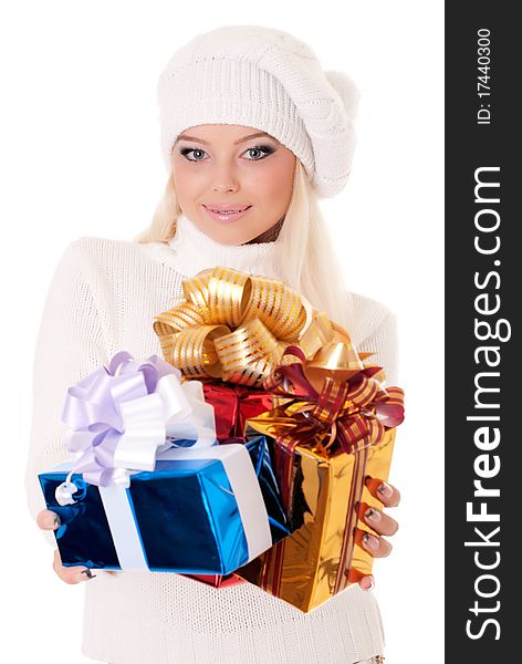 Woman holding a presents on white background. Woman holding a presents on white background