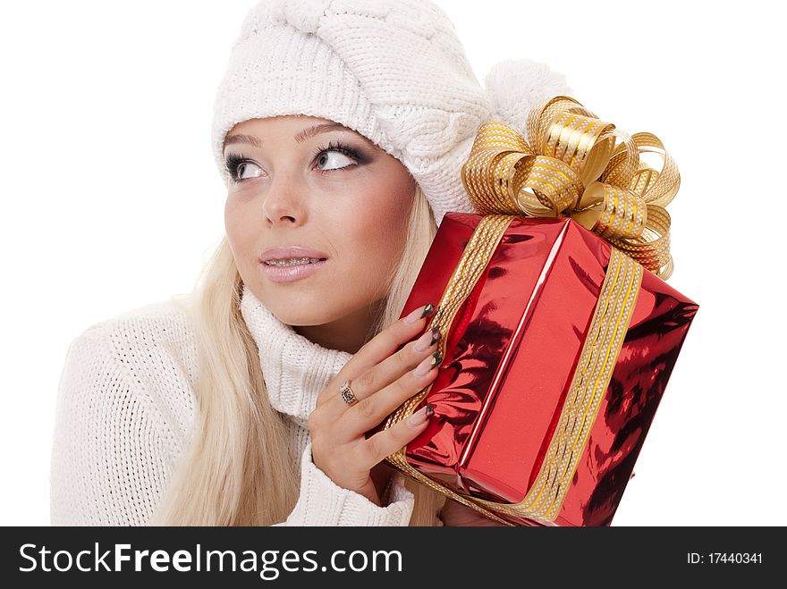 Girl holding a presents on white background. Girl holding a presents on white background