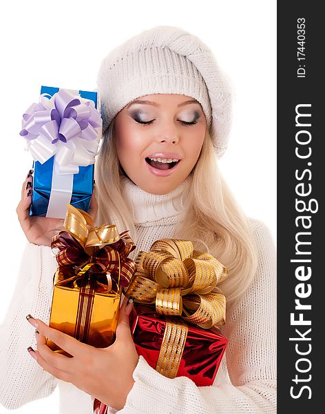 Girl holding a presents on white background. Girl holding a presents on white background