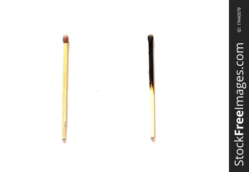 Two matches, one burned, on a white background