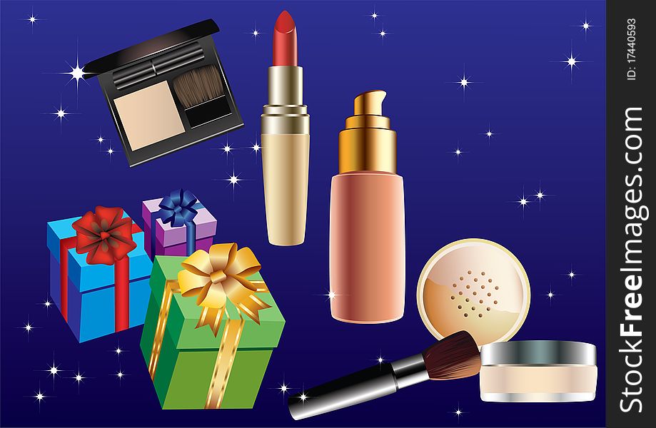 Cosmetics and gift boxes on a blue background. Cosmetics and gift boxes on a blue background.