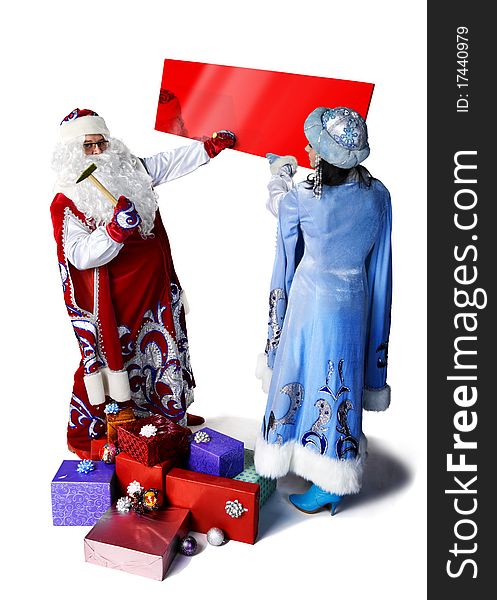 Santa Claus carries the big bag with gifts on white background. Santa Claus carries the big bag with gifts on white background.