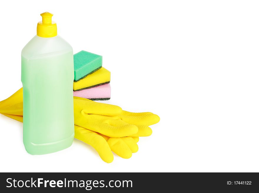 Rubber gloves, cleaning fluid and sponges
