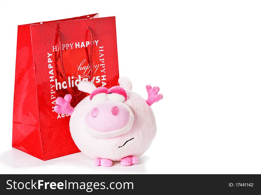 Toy Piglet As Christmas Gift Isolated On White