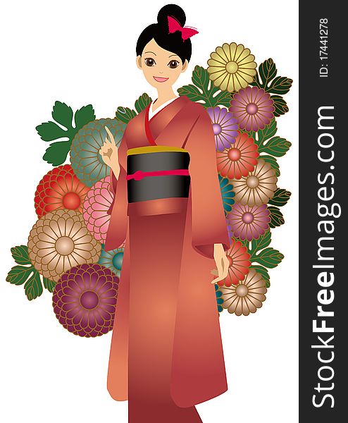 The woman who wore a kimono and the background of the flower
