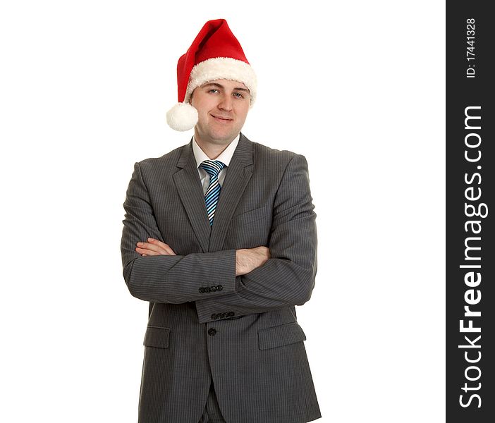 Man in gray suit with tie in hat santa on white background