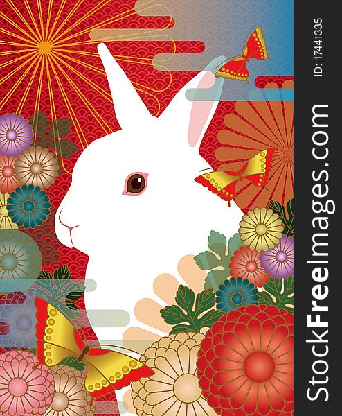 A rabbit and a Japanese-style background. A rabbit and a Japanese-style background