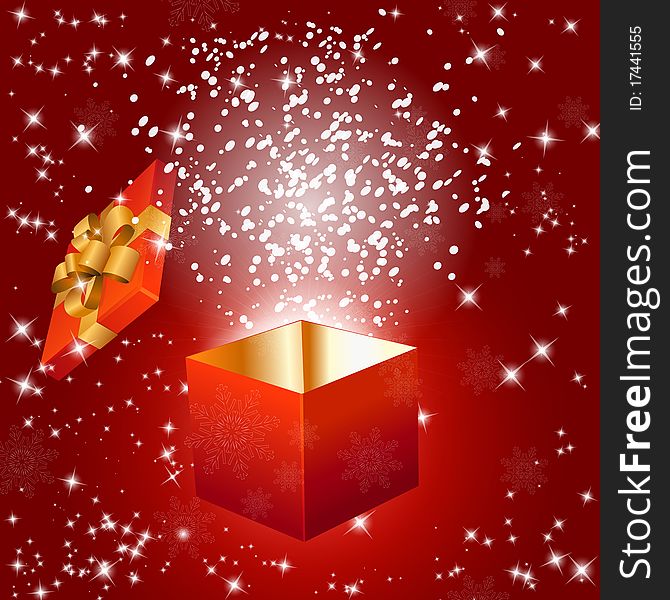 Abstract red background with gift box and snowflakes. Vector eps10 illustration