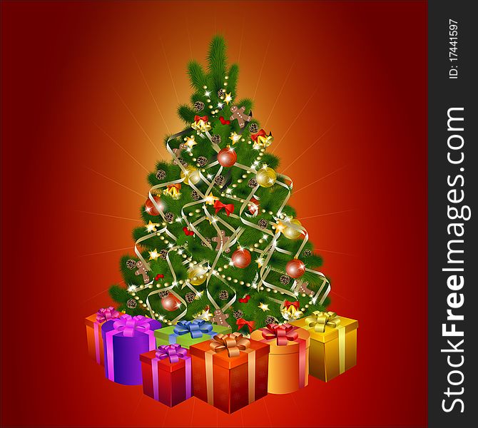 Christmas tree with gift boxes on red background. Vector eps10 illustration