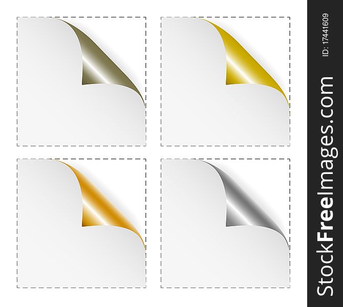 Set of white blank stickers with gold and silver corners. Vector eps10 illustration