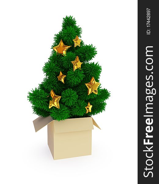 Evergreen tree in beige box. Christmas surprise concept. Isolated on white background. Evergreen tree in beige box. Christmas surprise concept. Isolated on white background.