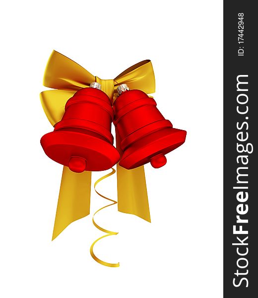 Christmas decoration with golden ribbons and red bells. Isolated on white.