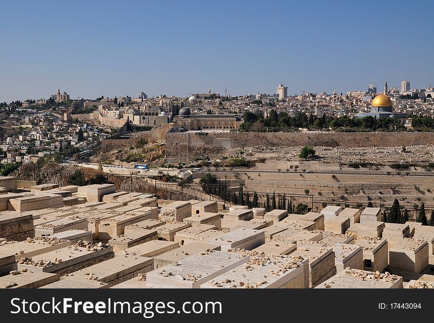 Jerusalem Olives Cemetery glance on Moria mosque Al Aqsa and Dome of the Rock