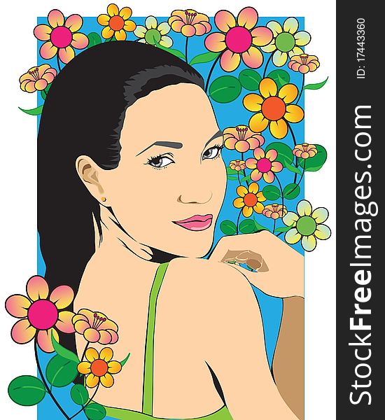 Beautiful girl in the midst of flowers. illustration-vector. EPS. Beautiful girl in the midst of flowers. illustration-vector. EPS