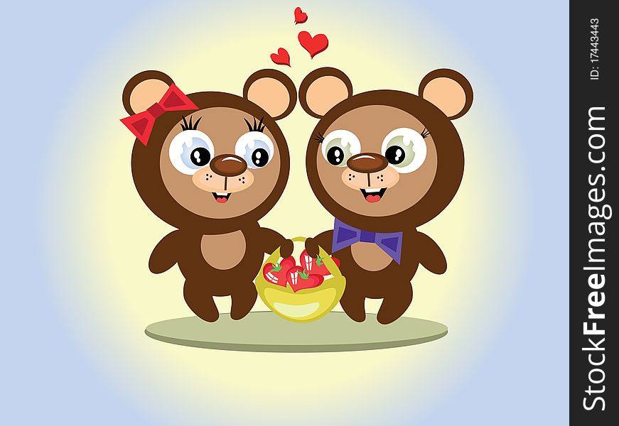 Two funny bears with basket