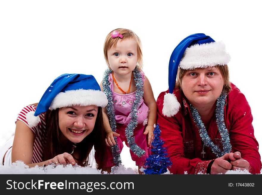 Family In Santa S Hat Lying In Artificial Snow