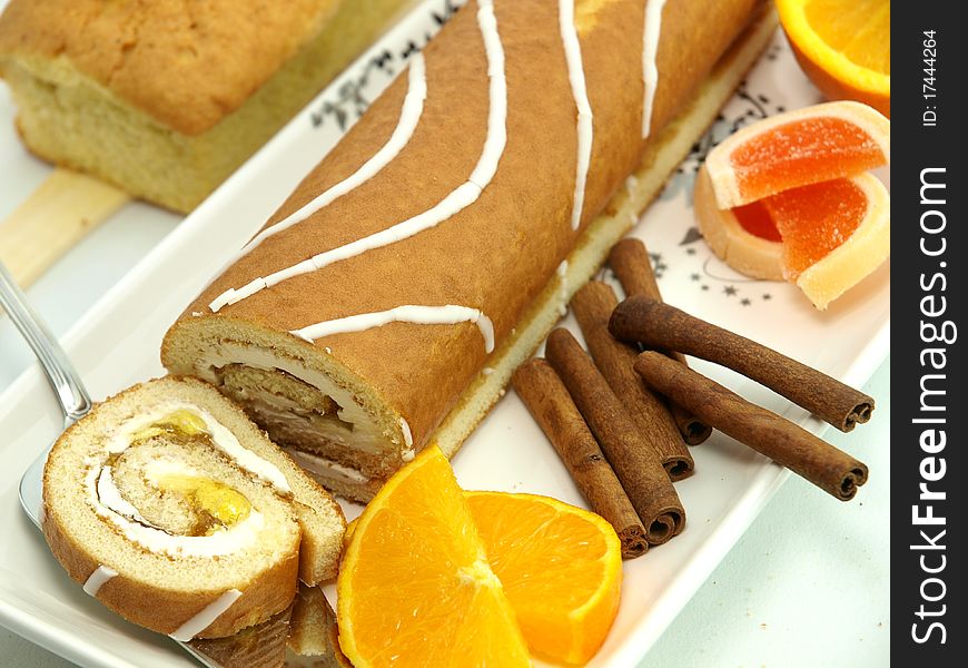 Fresh baked cake with orange