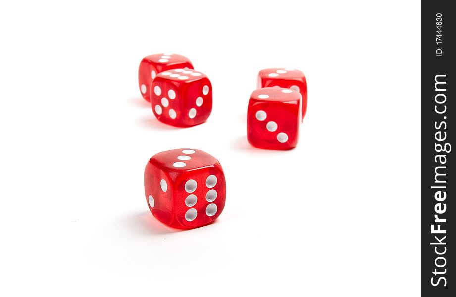 Five red dices isolated on a white background