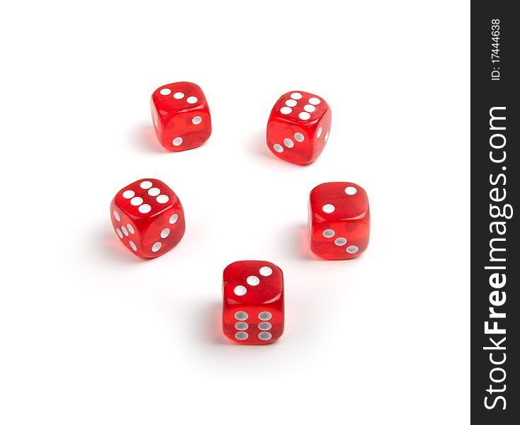 Five red dices isolated on a white background