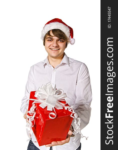 Happy man with gift box. Isolated over white