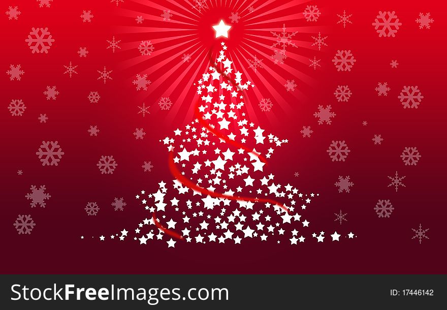 Photo of a Christmas tree on red background with snowflakes