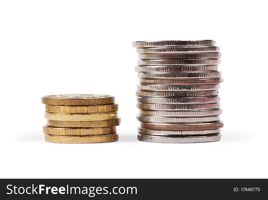 A stacks of coins isolated on the white