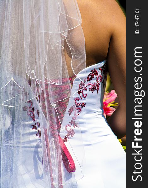 Back of a woman's dress with red lancing. Back of a woman's dress with red lancing