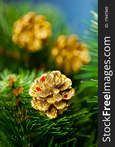 Branch of Christmas tree with pinecone