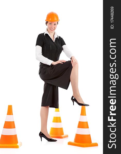 A business woman With cones over white background. A business woman With cones over white background