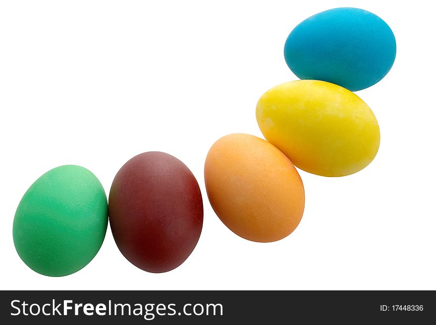 Five Easter  colored eggs (blue, yellow,  orange,  violet, green) on white background